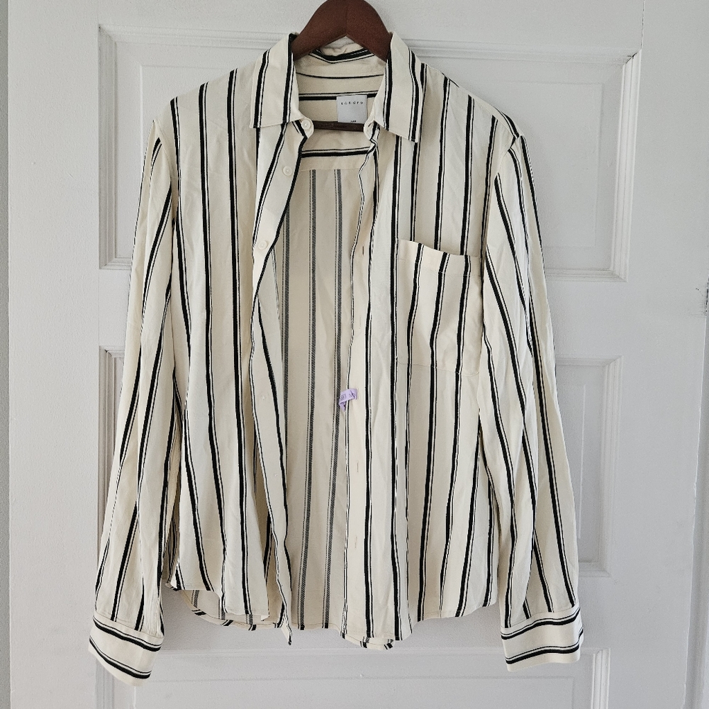 Sandro Paris dress shirt in cream with black diagonal stripes, size medium